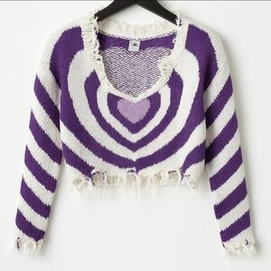 Rue 21 White Purple Heart Knit Cropped Sweater Sz Sm